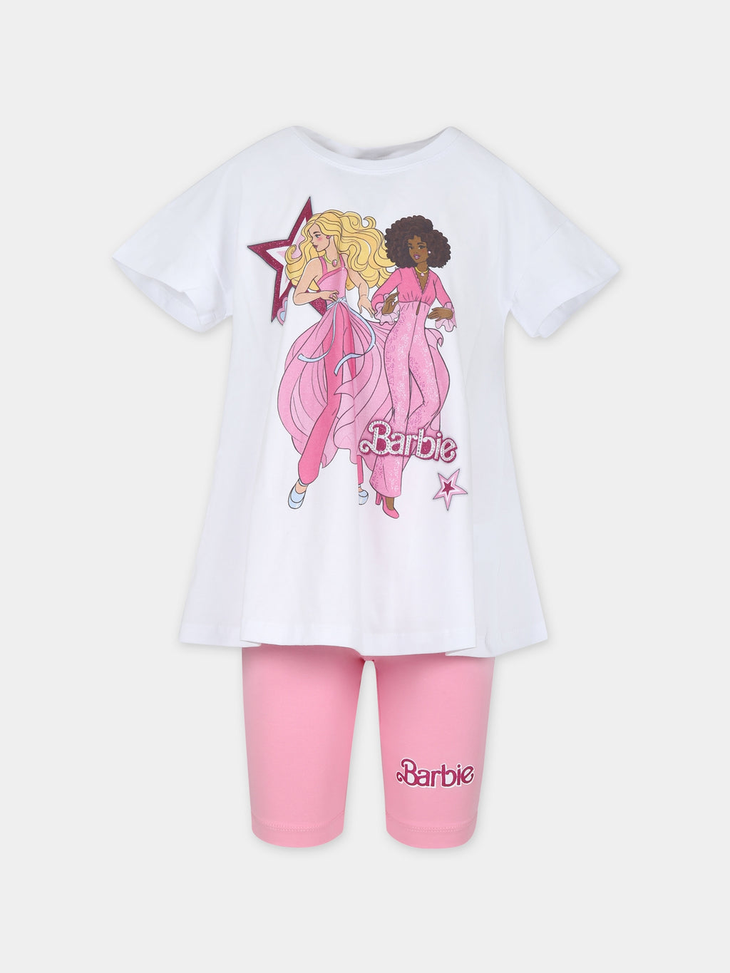 Completo bianco per bambina con stampa Barbie e strass